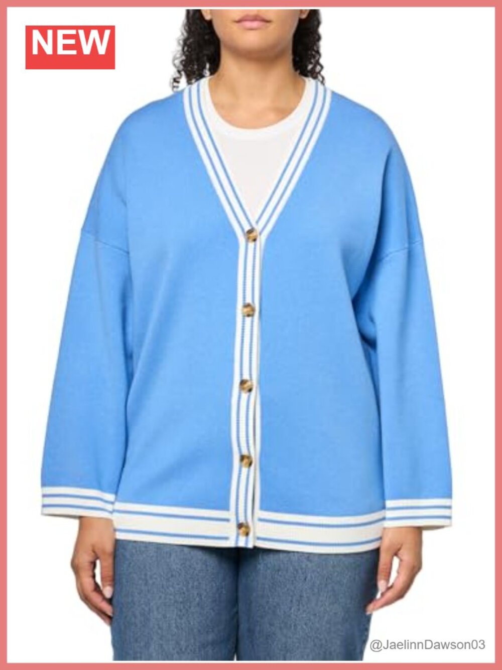 Oversized Knit V-Neck Button Cardigan with Back Text Ribbed Trim